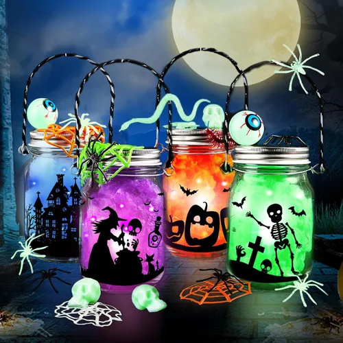 Kit de manualidades de Halloween para niños, 4 tarros de vidrio con accesorios para tarro de farol de bricolaje, suministros de fiesta de arte y