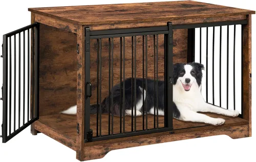 Miniatura 10 de Hzuaneri Mueble de jaula para perros de 31.9 pulgadas con puerta de granero, perrera resistente para interiores con 2 puertas, mesa auxiliar