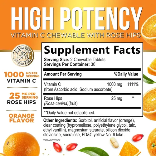 Miniatura 2 de Vitamina C 1000 mg por porción – Apoyo inmunológico diario extra fuerte con suplemento masticable de escaramujos – Sabor sabroso sin azúcar