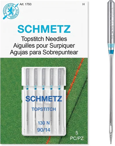 SCHMETZ Topstitch - Agujas para máquina de coser, suministros de acolchado y pespunteado, tamaño 90/14, tarjetas de 5 agujas, paquete de 1
