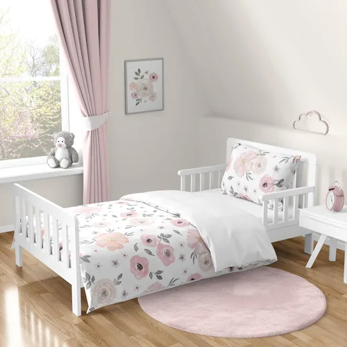 Sweet Jojo Designs Juego de ropa de cama de 5 piezas de edredón, funda y sábanas con diseño de lunares y flores de rosa Acuarela rosa y gris