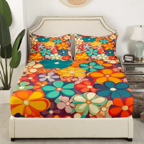 Miniatura 4 de Erosebridal Groovy Flower Sábanas de Cama Fiesta de los 70s Juegos de Sábanas Tamaño Individual Sábanas Florales Arcoíris Juegos de Sábanas y Fundas