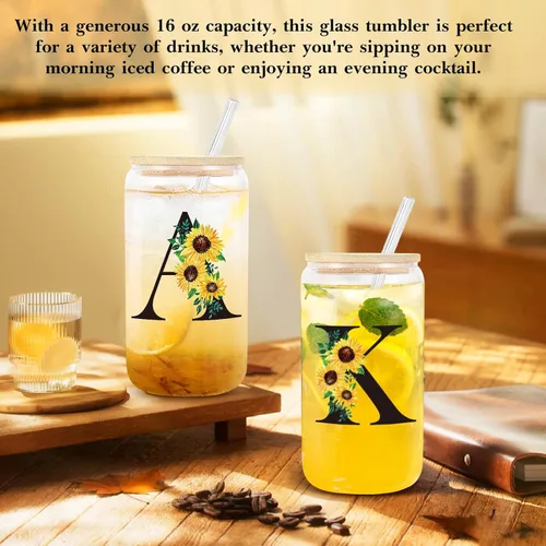 Miniatura 3 de Frerdui Regalos de cumpleaños para mujeres, vasos de vidrio con inicial con tapas y pajitas, regalo de girasol para mujeres, regalo personalizado