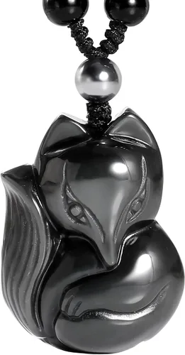 Jewever Collar de obsidiana negra de zorro de la suerte, piedra natural, colgante de cristal curativo, amuleto de protección, joyería colgante de