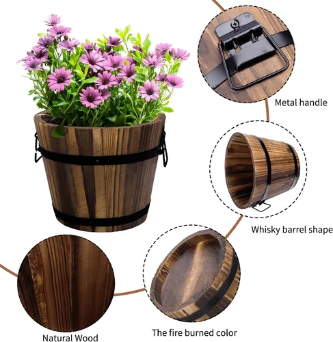 Miniatura 7 de Adnee Paquete de 4 Macetas de Barril de Whisky de Madera - Juego de Macetas de Jardín de Barril de Cubo de Madera de 4 Tamaños - Macetas Rústicas