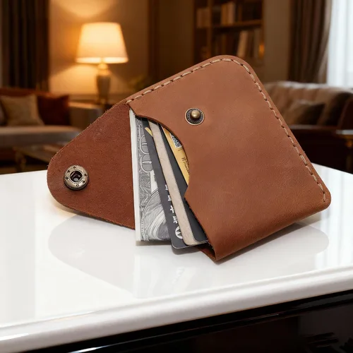 Miniatura 52 de Cartera organizadora de tarjetas de bolsillo frontal cosida a mano minimalista de cuero genuino para tarjetas, billetera con tarjetero pequeño, Negro