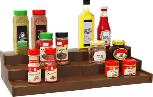 Lenwi Organizador de estante de especias para gabinete, de 3 niveles expandibles de bambú, ideal para gabinete de cocina, armario, despensa y más