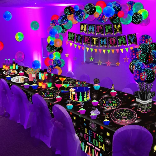 Miniatura 5 de 238 piezas de suministros de fiesta de neón que brillan en la oscuridad, decoraciones de fiesta de luz negra, juego de vajilla para fiesta, platos