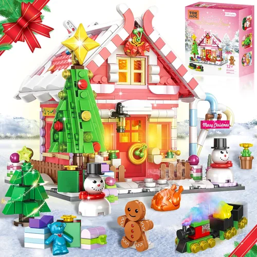 Miniatura 8 de Edificio de casa de pan de jengibre de Navidad, juego de construcción de casa de pueblo navideño, contiene árbol de Navidad y tren, juguete