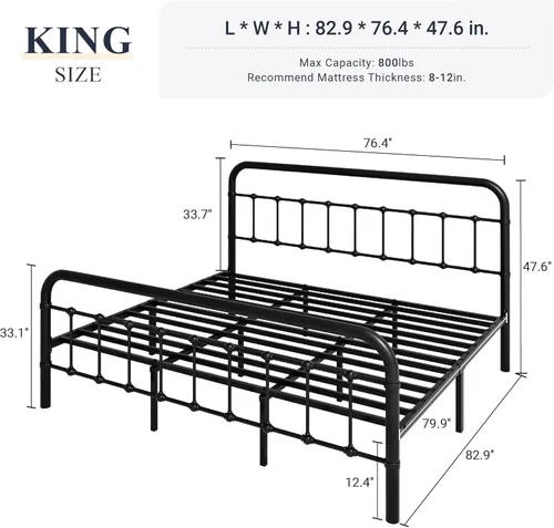 Miniatura 2 de Allewie Marco de Cama de Plataforma de Metal Tamaño King con Cabecero/Pie de Cama de Arte de Hierro Forjado Estilo Victoriano, No Requiere Somier