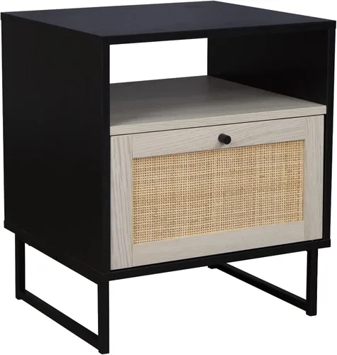 Miniatura 8 de Nathan James Mina - Mesita de noche lateral de madera de ratán con almacenamiento, juego de 2, roble negro/negro