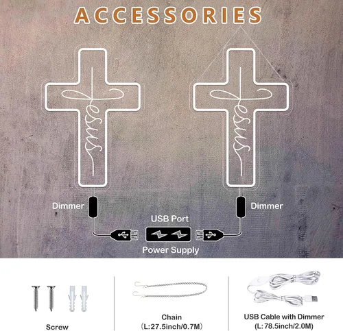 Miniatura 5 de Letreros de neón con cruz de Jesús, decoración de pared LED para dormitorio, sala de estar, bodas, letrero de luz regulable para decoración