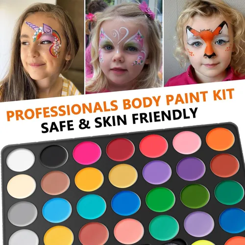 Miniatura 4 de Maydear Kit de Pintura Facial para Niños, Paleta de Maquillaje a Base de Agua de 32 Colores con Plantillas, Brillos, Pastel de Arcoíris Dividido
