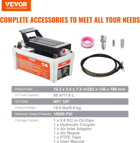 Miniatura 7 de VEVOR Bomba hidráulica de aire, depósito de 10,000 PSI de 1/2 galones, salida de aceite NPT de 3/8 pulgadas, entrada NPT de 1/4 pulgadas, tubo