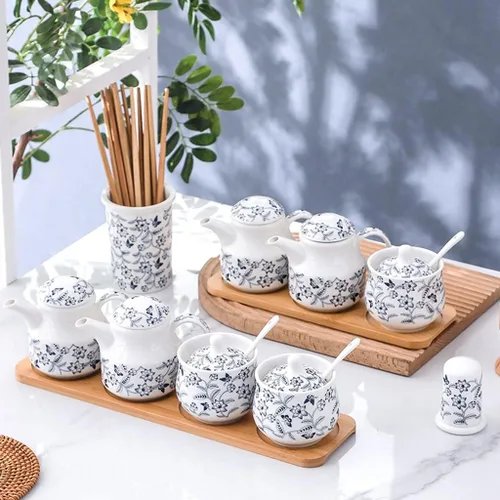 Miniatura 5 de Tarros de especias para condimentos, tarro de cerámica azul y blanco para restaurante con vinagre retro, tarro de chile, tarro de sal, salsa
