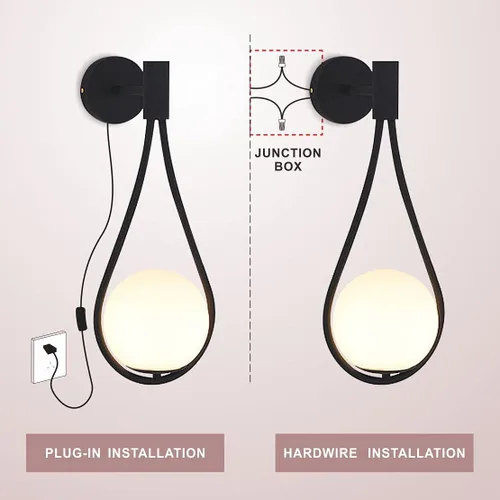 Miniatura 6 de BOKT Moderna lámpara de pared de vidrio negra para colgar en la pared, apliques de pared de mediados de siglo para dormitorio, con gota de agua