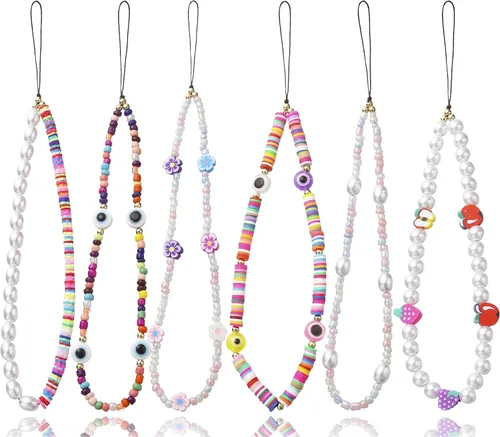 Miniatura 13 de 6 dijes con cuentas para teléfono, correas con cuentas de frutas, estrellas, perlas falsas y arcoíris, cadenas de teléfono con cuentas para cámara
