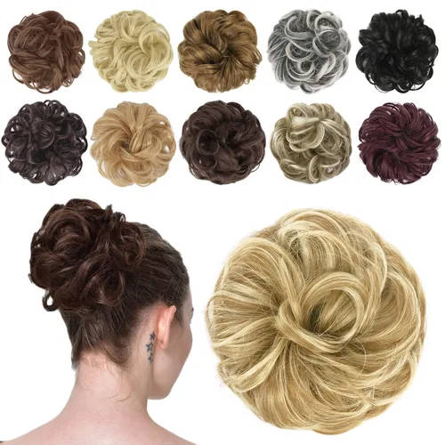 Miniatura 40 de FESHFEN Pieza de Cabello de Moño Desordenado - Extensiones Elásticas Onduladas Rizadas de Moño Scrunchies Sintético Chignon Postizos para Mujeres