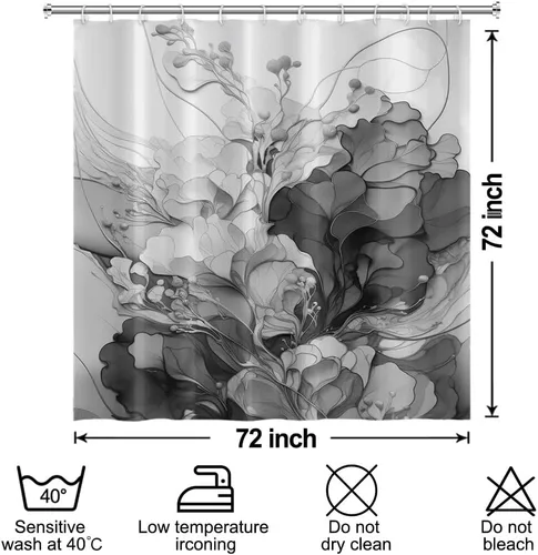 Miniatura 3 de Cortina de ducha con flores grises para baño, juego de cortina de ducha de mármol gris claro y blanco con ganchos, decoración floral abstracta