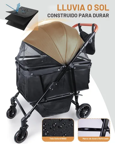 Miniatura 5 de Cochecito para perros grandes y medianos (hasta 66 libras), cochecito para mascotas para 2 perros pequeños con asa y toldo ajustables, sombrillas