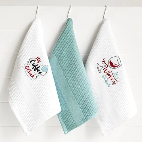 Miniatura 2 de Luzia Coffee O'Clock - Toallas de cocina, elegantes y absorbentes, toallas bordadas de algodón turco con tejido de gofre, juego de tres