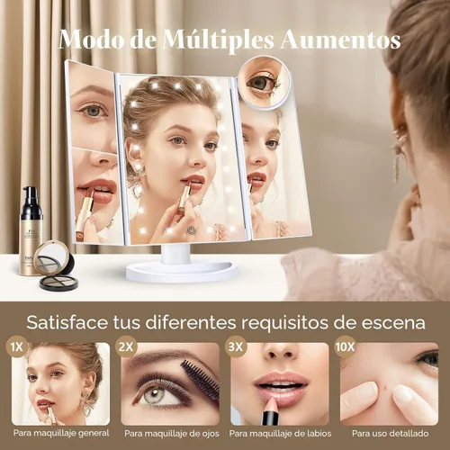 Miniatura 2 de HUONUL - Espejo para maquillaje con luces LED, aumento de x1, x2 y x3, iluminado, control táctil, espejo triple plegable, fuente de alimentación