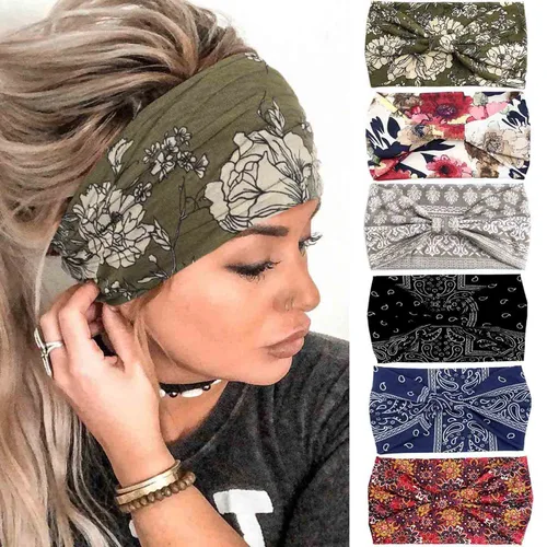 Miniatura 15 de Olbye Diademas anchas bohemias anudadas turbante elásticas antideslizantes florales diademas para entrenamiento para la cabeza, bandana bohemia