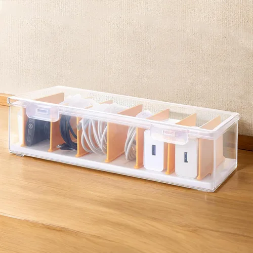 PAVSTINE Caja organizadora de cables transparente con tapa, organizador de almacenamiento de cable de carga de plástico, organizadores de escritorio