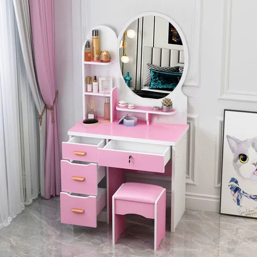 Miniatura 11 de QQXX Juego de tocador grande con espejo, tocador de maquillaje con estantes de almacenamiento y 4 cajones, taburete acolchado para dormitorio