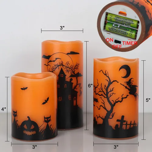 Miniatura 6 de Wondise Velas parpadeantes sin llama de Halloween con temporizador de 6 horas, velas LED de cera real que funcionan con pilas, juego de 3 regalos