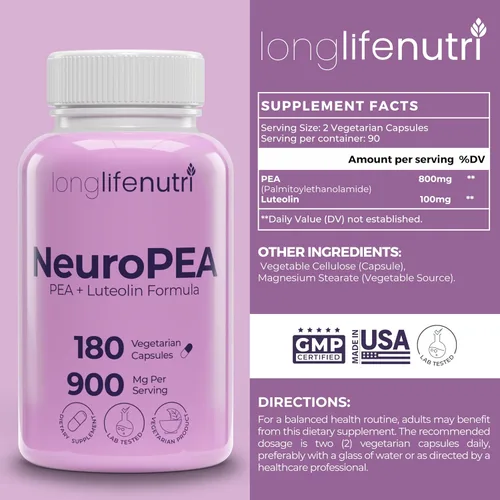 Miniatura 2 de LongLifeNutri NeuroPEA (Palmitoiletanolamida + luteolina 800 mg/100 mg) - Suplemento orgánico para el rendimiento nervioso, 180 cápsulas