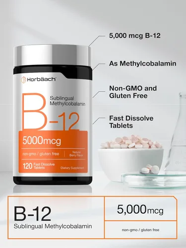 Miniatura 7 de Horbäach Vitamina B12 de 5000 mcg 120 tabletas de disolución rápida Metilcobalamina sublingual Suplemento vegetariano, sin OGM y sin gluten