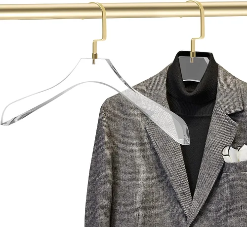 Miniatura 3 de Perchas de acrílico transparente de calidad resistente para abrigos, paquete de 2, colgador de ropa curvado elegante con anchos ganchos dorados