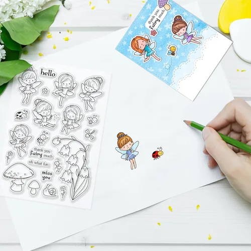 Miniatura 3 de INFUNLY Sellos y troqueles de hadas para hacer tarjetas, diseño de flores de abeja, sellos de silicona transparentes, juego de sellos y troqueles