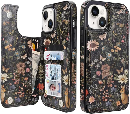 Miniatura 22 de uCOLOR Funda de piel con tapa para tarjetas compatible con iPhone 13 6.1, iPhone 14 6.1, mujeres y niñas con tarjetero y función atril