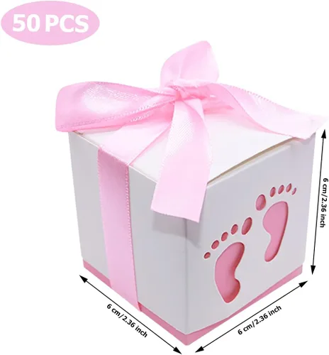 Miniatura 2 de 50 cajas de recuerdo de fiesta de baby shower, diseño de huellas, cajas de regalo para niños, cumpleaños, baby shower, invitados, boda, fiesta, Rosa