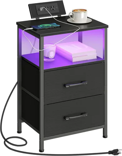 Miniatura 11 de HOOBRO Mesita de noche con estación de carga, mesita de noche con luces LED y 2 cajones de tela, mesa auxiliar con 2 salidas de CA y puerto USB