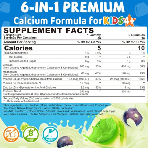 Miniatura 2 de Gomitas de calcio para niños + vitamina D3 K2, magnesio, zinc, suplemento de calcio de algas de absorción extra para niños, suave para estómago
