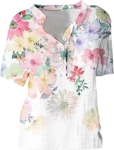 Miniatura 3 de Blusas de verano para mujer, cuello en V, ajuste holgado, cómodas, de algodón, lino, estampado floral, blusas a la moda 2023