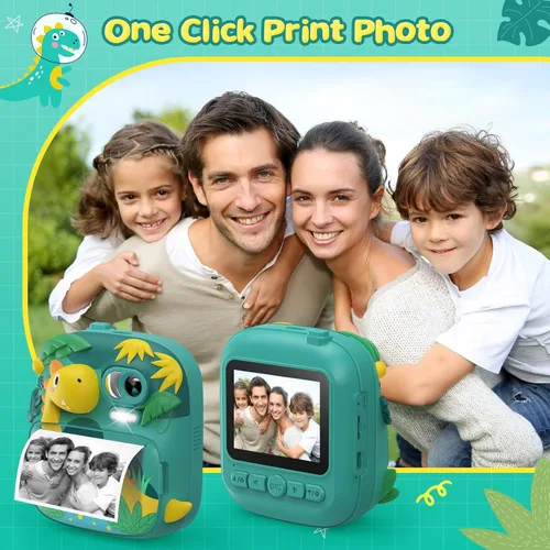 Miniatura 3 de Cámara de impresión instantánea para niños, cámara de pantalla de 2.4 pulgadas para niños, dinosaurio, cámara digital con tarjeta de 32 GB y 3 Verde