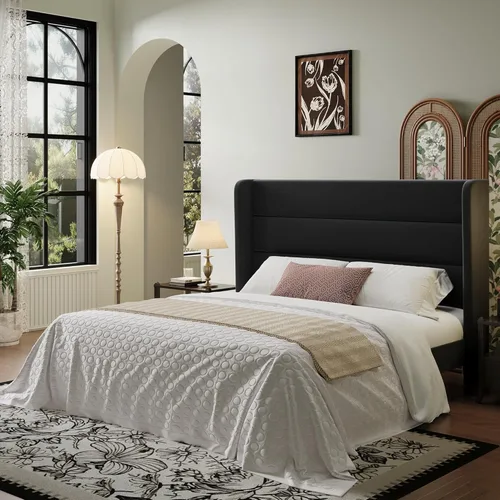 SHA CERLIN - Base de cama tamaño Full con cabecera tapizada en terciopelo y diseño acanalado vertical; plataforma de cama tapizada con listones de