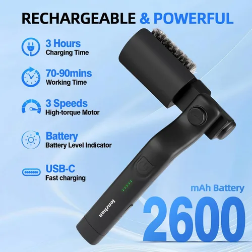 Miniatura 6 de Cepillo eléctrico inalámbrico para parrilla con ángulo ajustable, motor de potencia de 3 velocidades y cabezal de acero inoxidable, recargable, Negro