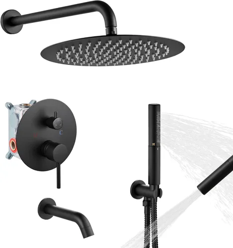 Miniatura 12 de Airuida Sistema de ducha con boquilla de bañera, cabezal de ducha redondo de 10 pulgadas con 2 funciones, ducha de mano, montaje en pared, juego