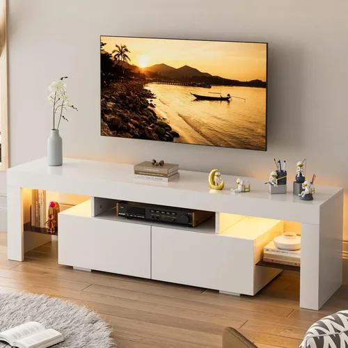 Miniatura 10 de YESHOMY Soporte de TV LED moderno negro para televisores de hasta 70 pulgadas con estantes de vidrio y cajón, centro de entretenimiento