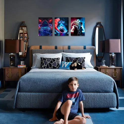 Miniatura 6 de Lienzo enmarcado de 3 piezas para sala de juegos, arte decorativo de pared, lienzo de videojuegos, lienzo de neón, impresión de póster para niños