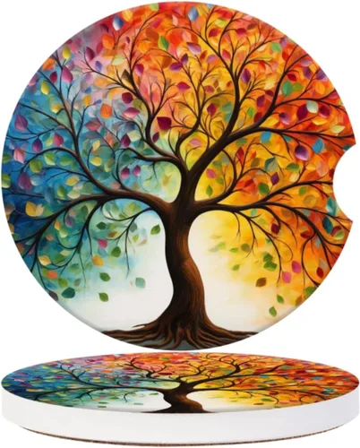 Portavasos para automóvil, árbol de la vida con hojas, posavasos de cerámica antideslizante con agarre para la punta del dedo, accesorios interiores