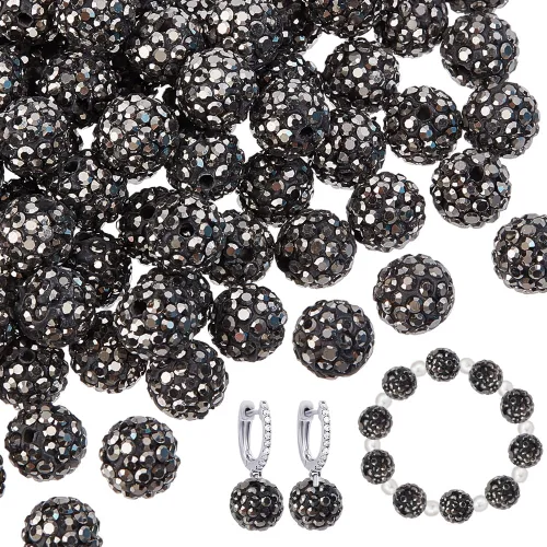 PH PandaHall 100 cuentas de arcilla de hematita con diamantes de imitación negros de 0.394 pulgadas (0.394 in) – cristal de polímero pavimenta bola