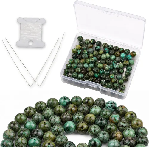 Cherry Tree Collection | 100 cuentas redondas de 6 mm de turquesa africana para hacer joyas | Incluye caja de almacenamiento, cordón elástico y