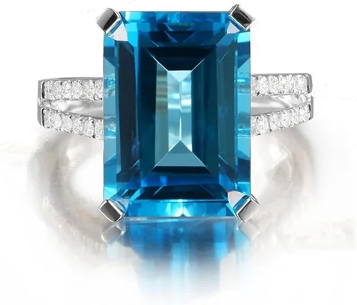 Miniatura 4 de Moda 925 plata brillante medio diamante princesa corte cuadrado grande quilate azul aguamarina piedra natal topacio anillo de compromiso eternidad