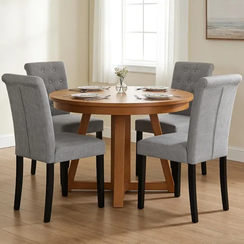 Miniatura 9 de Juego de 4 sillas de comedor tapizadas de tela y con detalles de botones incrustados